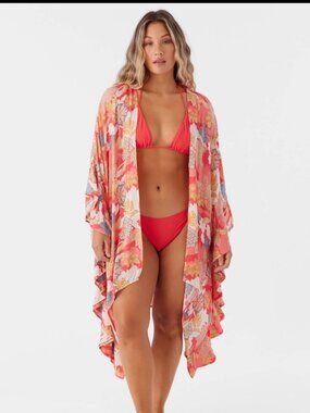O'Neill Natalie Printed Floral Kimono Cover Up - Bittersweet Coral XS